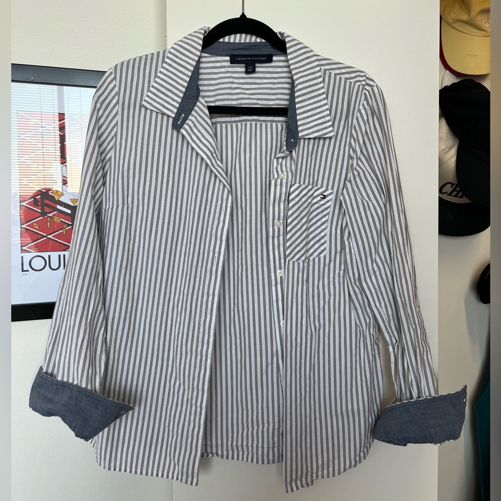 Tommy Hilfiger Women's Casual Striped Shirt - Taupe and White